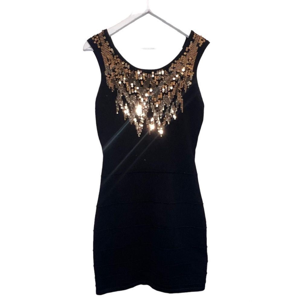 Y2K 2b Bebe Black Metallic Gold Sequin Bandage Sleeveless Cutout Back Slip - Picture 4 of 14